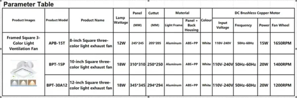 Square Ceiling Exhaust Fan, 8/10/12-Inch, CCT, LED - view 6