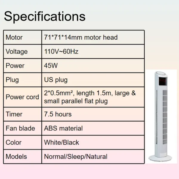 Tower Fan, Plastic, 45w(0.06hp) - view 3