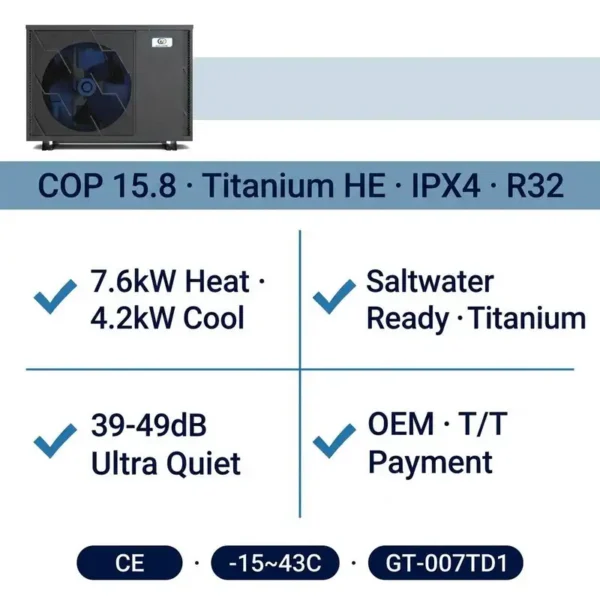 Wifi Pool Heat Pump, GTGLOBE, R32, 7kW, Inverter - view 2