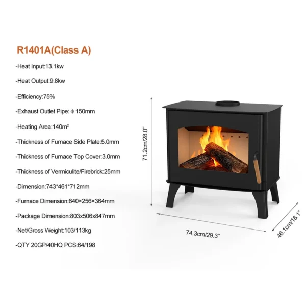 Wood Burning Stove, EN16510, Steel, R1401A, 13.1KW - view 3