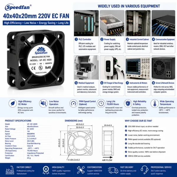 Axial Cooling Fan, 40x40x20mm, 220V, 8000RPM, Brushless - view 6