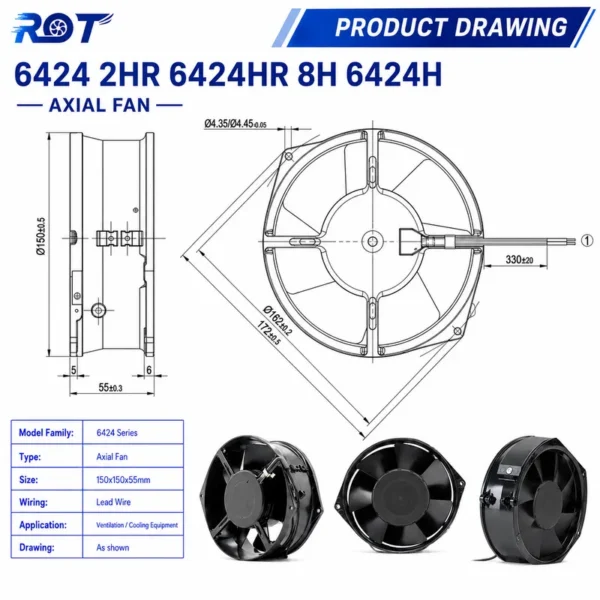 Axial Cooling Fan, 6424, 24V, 172mm, 241CFM - view 3