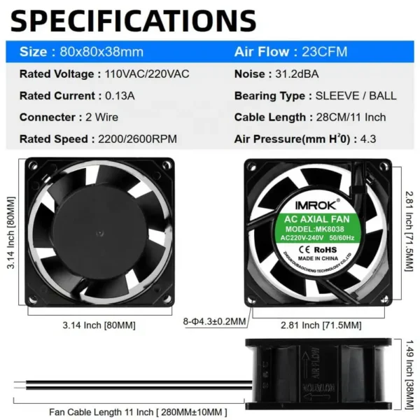 Axial Flow Fan, 8038, 220VAC, 110VAC, 80x80x38mm - view 2