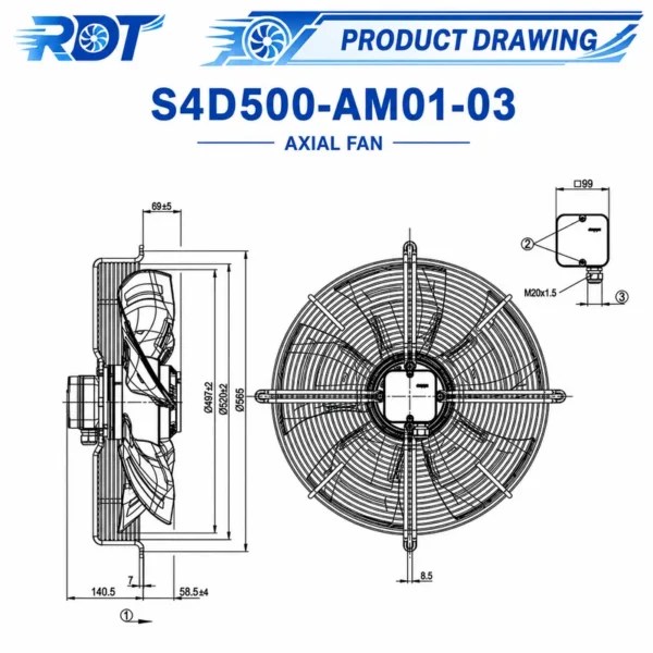 Axial Flow Fan, S4D500-AM03-01, 400V, 720W, 1.41A - view 3