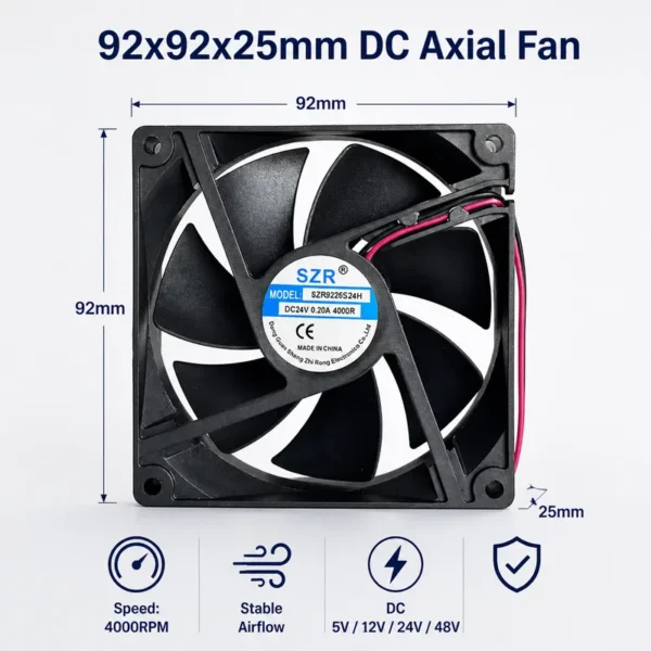 Axial Flow Fan, SZR9225, 5/12/24/48V, 92x92x25mm, 2000-5000RPM