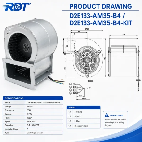 Blower, D2E133-AM35-B4, 230 V, Corded Electric - view 4