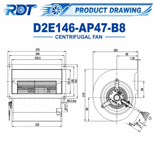 Blower, D2E146-AP47-B8, 230 V, Corded Electric - view 3