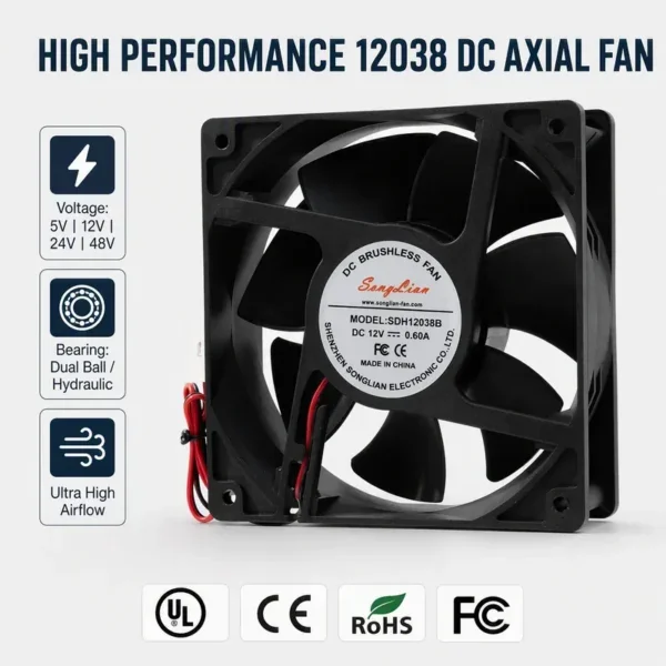 Brushless Axial Cooling Fan, 120x120x38mm, 12V, 24V, 48V