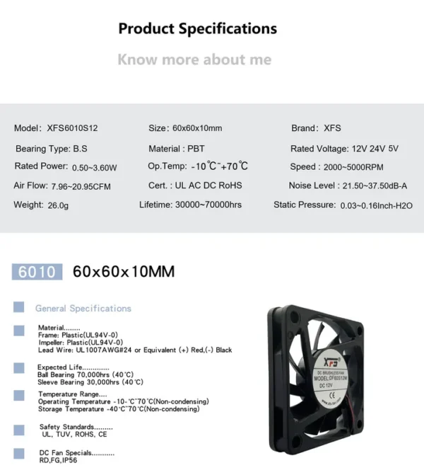 Brushless Motor, XFSFAN, 6010, 12V, 60mm - view 5