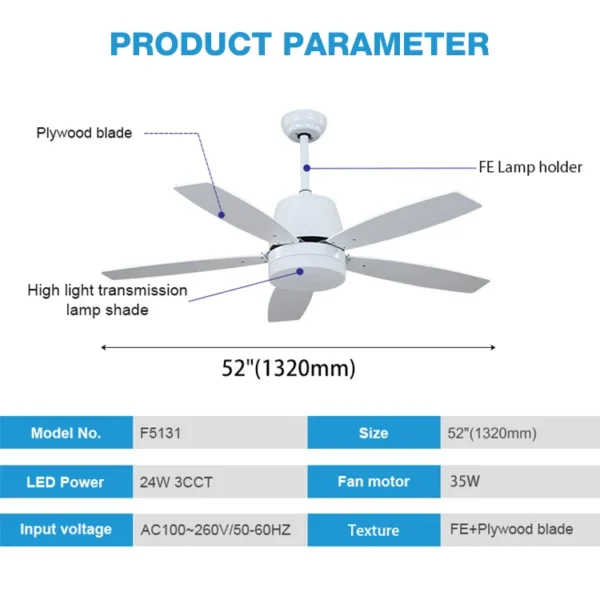 Ceiling Fan, 52Inch, FE+Plywood blade, F5131 - view 3