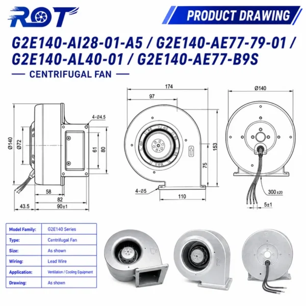 Centrifugal Blower, G2E140-AE77-B9S, 230VAC, 105W, 1400RPM - view 2