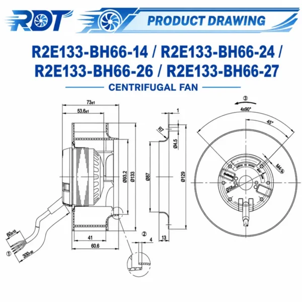 Centrifugal Blower, R2E133-BH66-24, 230VAC, 28W, 3200RPM - view 3