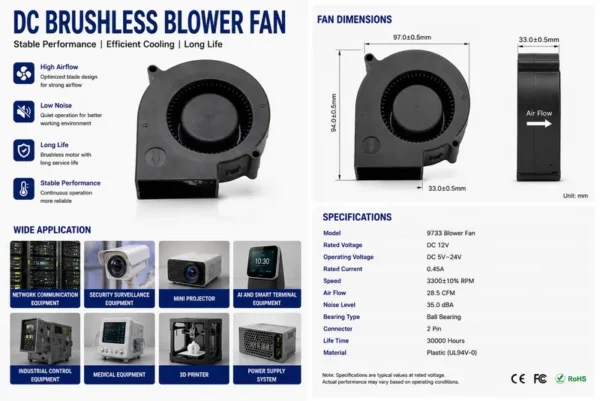 Centrifugal Cooling Blower, 97x97x33mm, 12, Electric - view 4