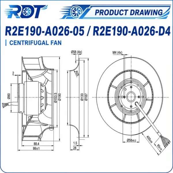 Centrifugal Fan, Plastic, R2E190-A026-05, 230V, 0.26A - view 3