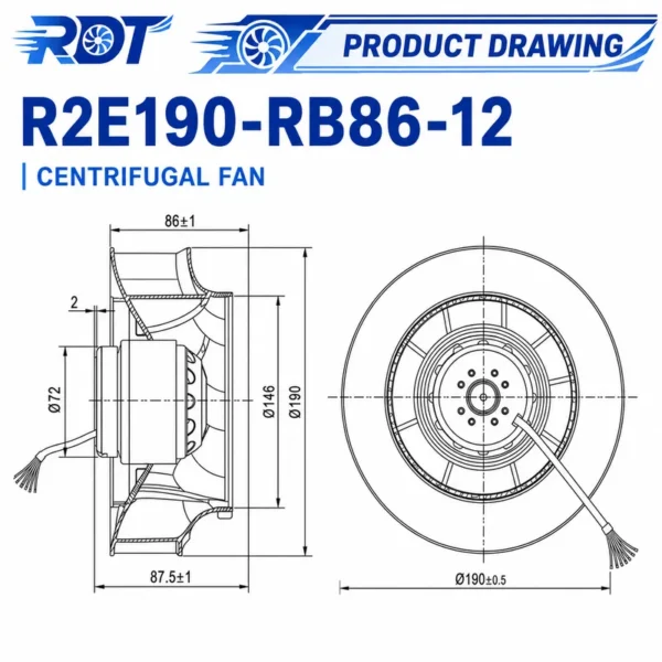 Centrifugal Fan, R2E190-RB86-12, 190mm, VFD, Inverter - view 3