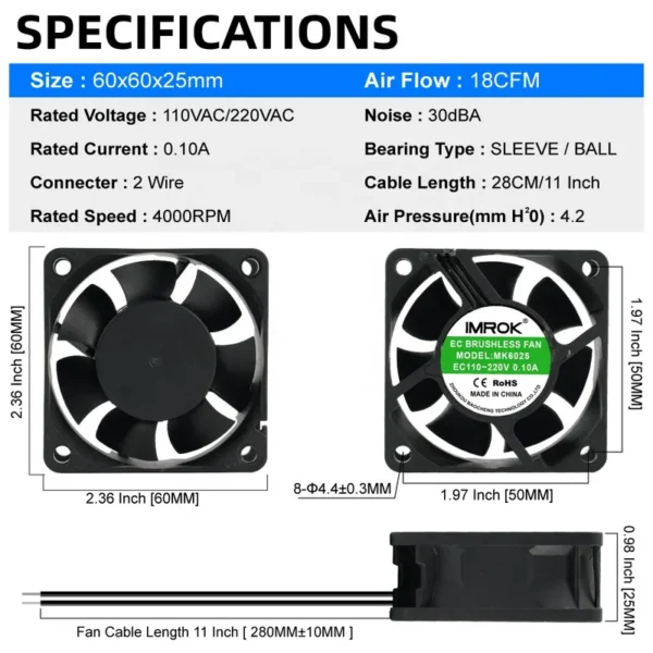 Cooling Fan, 60x60x25mm, 110V, 120V, 220V - view 2