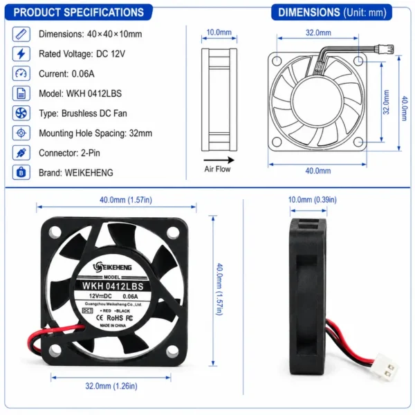 Cooling Fan, WKH, 0412LBS, 40mm, 5v - view 2