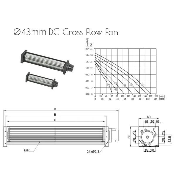 Cross Flow Fan, 43mm, Brushless, 118.88CFM/202m/H, 1.94mmH2O - view 2