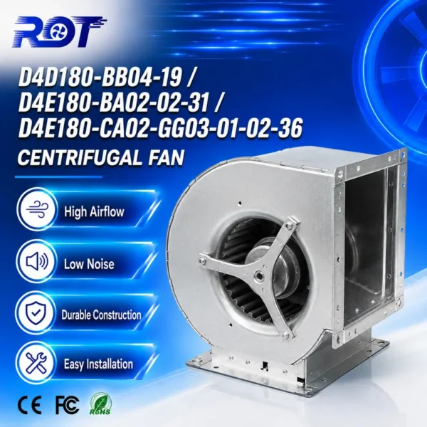 D4e180-ca02-02 Centrifugal Cooling Fan, 230VAC, 180mm, 1175CFM
