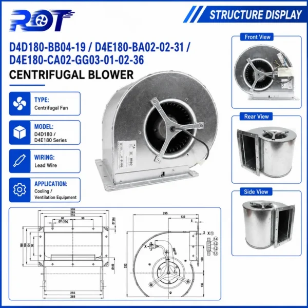 D4e180-ca02-02 Centrifugal Cooling Fan, 230VAC, 180mm, 1175CFM - view 2