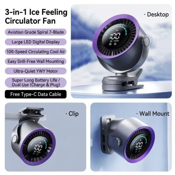 Desk Fan, Portable, 3000mAh, LED, 100-Speed - view 5