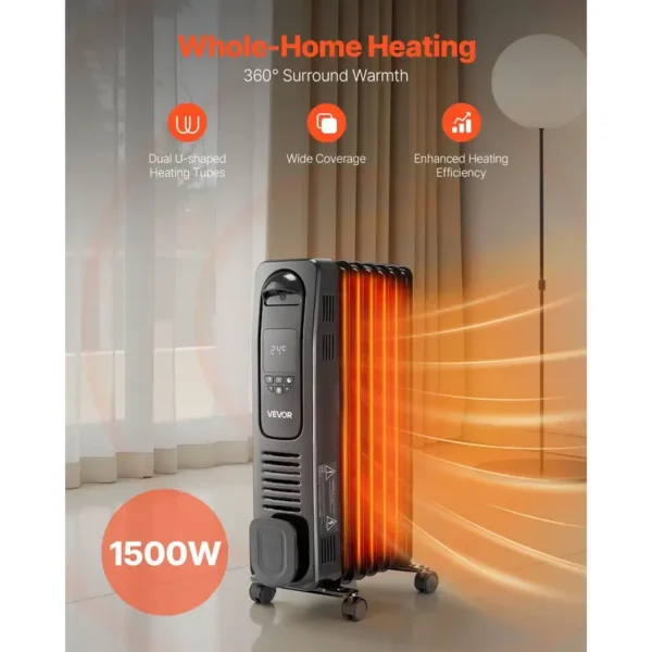Electric Oil-filled Radiator, 1500W, LED, 24h, Portable - view 2