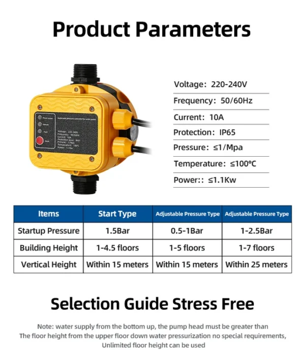 Electronic Pressure Switch Pump, 220V-240V, Plastic - view 5