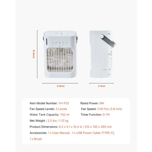 Evaporative Air Cooler, Portable, 4-in-1, 700ml, 0.7H - view 2