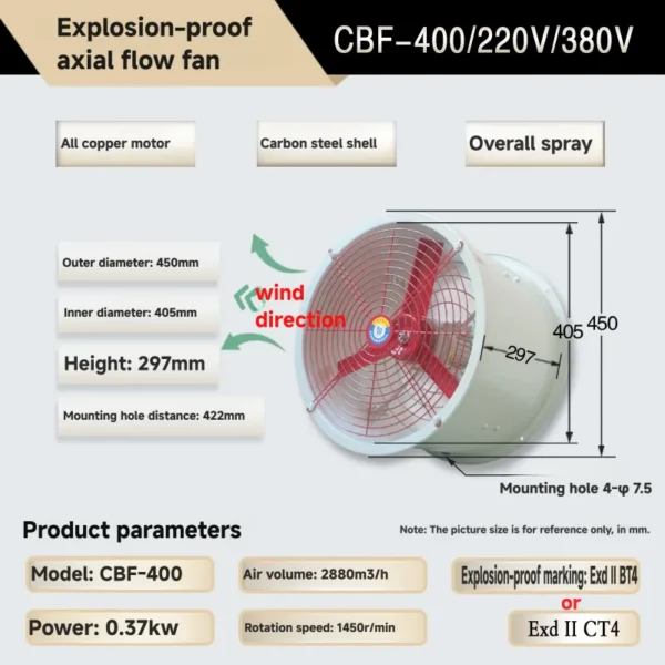 Explosion-proof Wall-mounted Duct Fan, CBF-400, 380V/220V - view 6