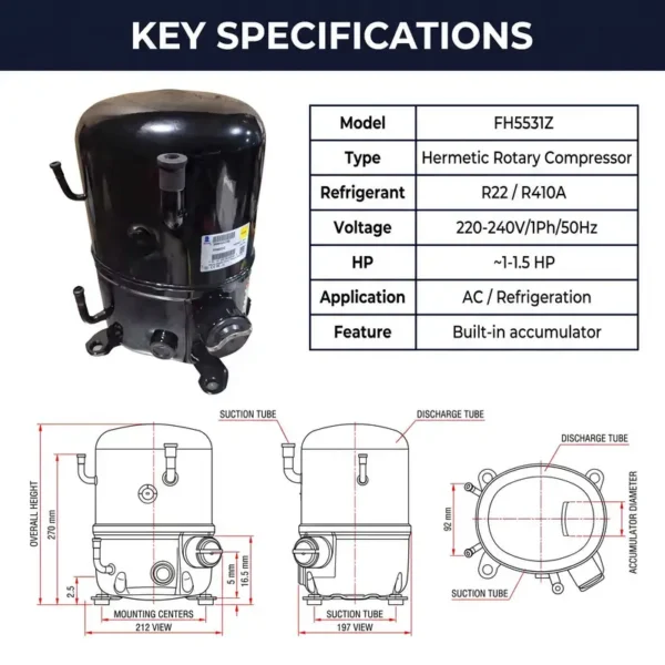 Hermetic Refrigeration Reciprocating Compressor, 2.5HP, R22 - view 3