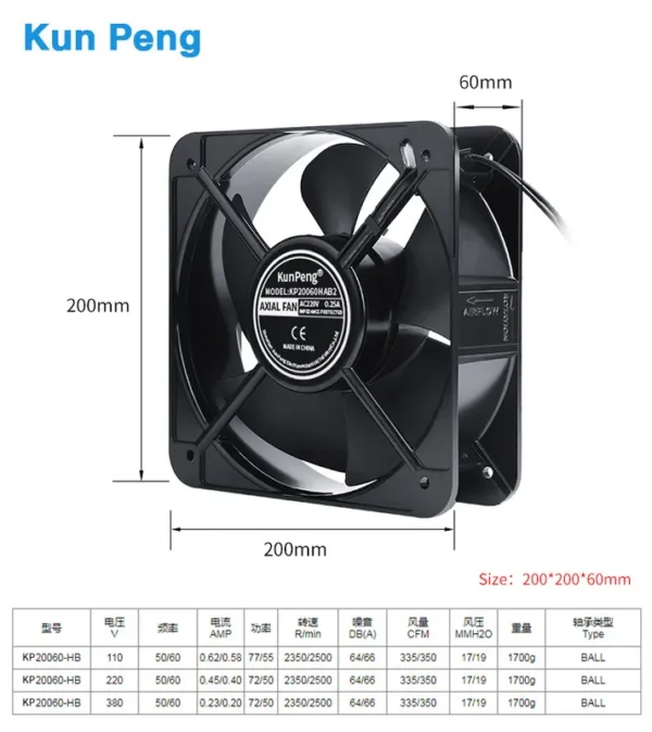 Industrial Cooling Fan, 200mm, 20060, 200*200*60mm, Axial - view 3