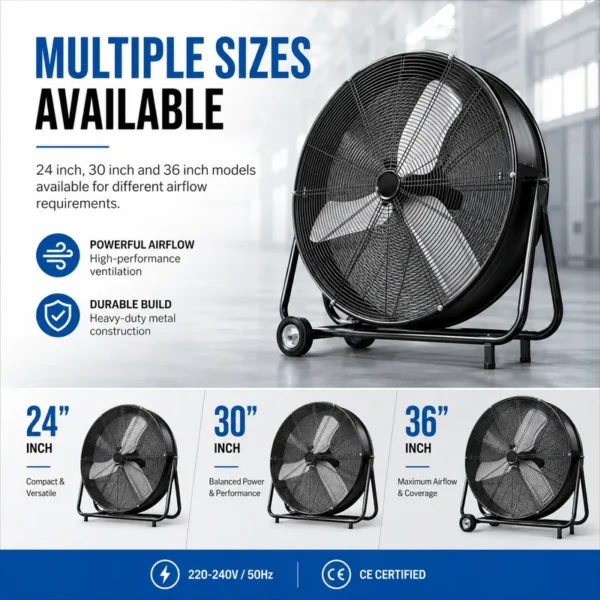 Industrial Drum Floor Fan, 220-240V, Aluminum - view 2