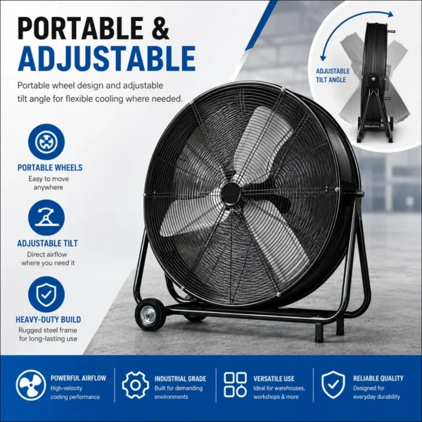 Industrial Drum Floor Fan, 220-240V, Aluminum - view 5