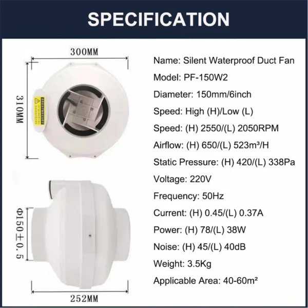 Inline Duct Fan, IP65, Waterproof, Plastic, Brushless - view 4