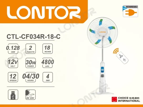 Lontor Commercial Standing Fan, Solar, USB - view 2
