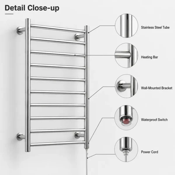 Mounted Bathroom Towel Warmer, 304, Stainless, Steel, Wall - view 2