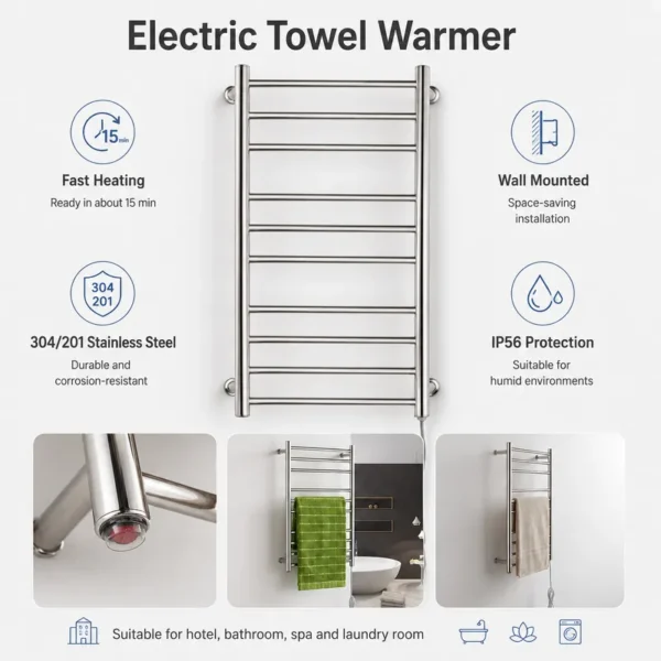 Mounted Bathroom Towel Warmer, 304, Stainless, Steel, Wall - view 3