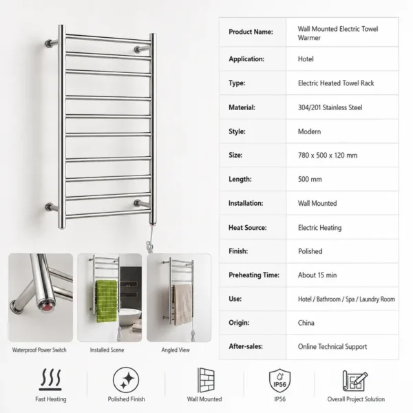 Mounted Bathroom Towel Warmer, 304, Stainless, Steel, Wall - view 5