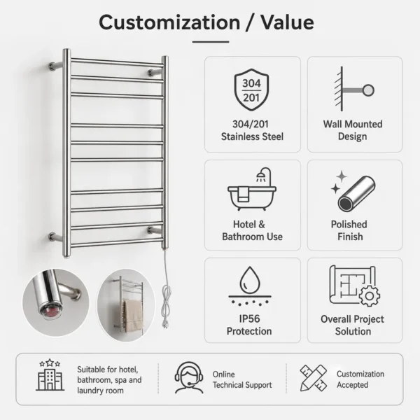 Mounted Bathroom Towel Warmer, 304, Stainless, Steel, Wall - view 6