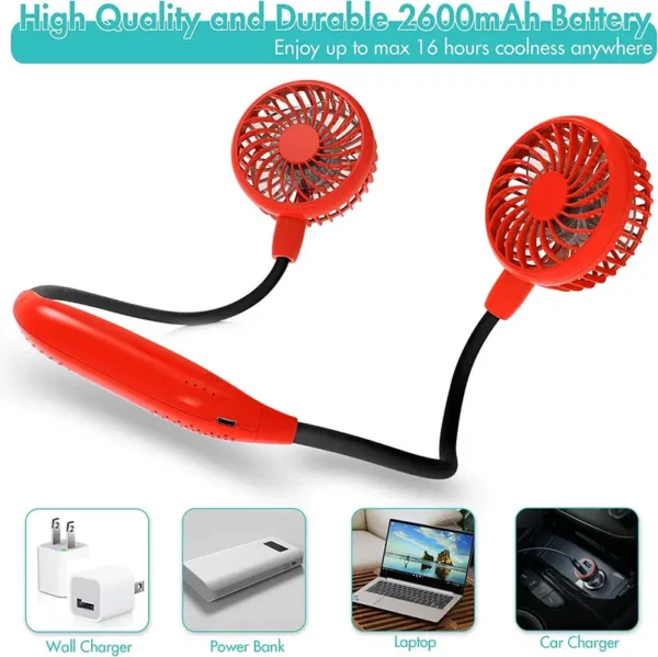 Operated Portable Neck Fan, 2600mAh, 6-Speed, USB - view 4