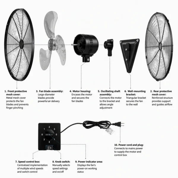 Oscillating Wall Mount Fan, Electric, Metal - view 2