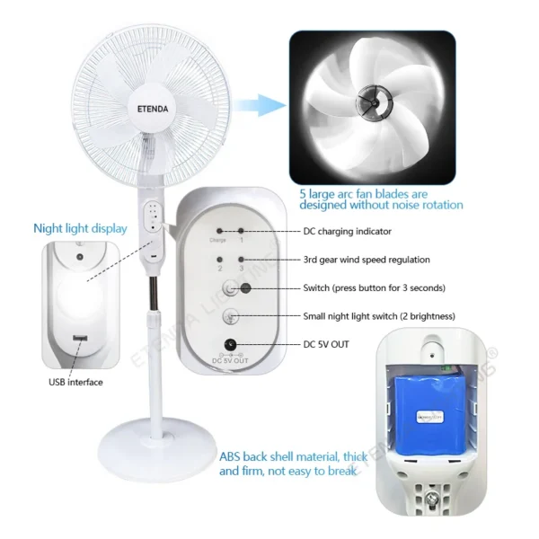 Rechargeable Electric Stand Fan, 18-Inch, Solar, LED - view 2