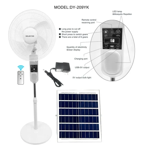 Rechargeable Solar Stand Fan, 12V, 25W, ABS - view 2