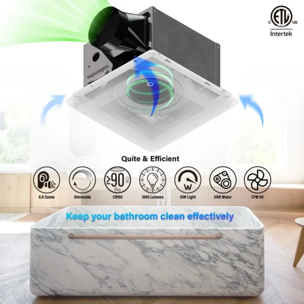 Silent Bathroom Exhaust Fan, Wall, LED, CFM, 20W - view 2