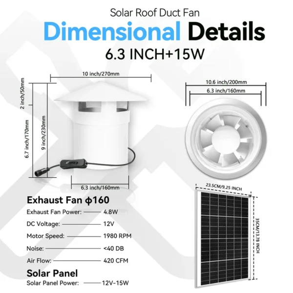 Solar Roof Exhaust Fanw, Fan-15W, Waterproof, Brushless, Axial - view 6