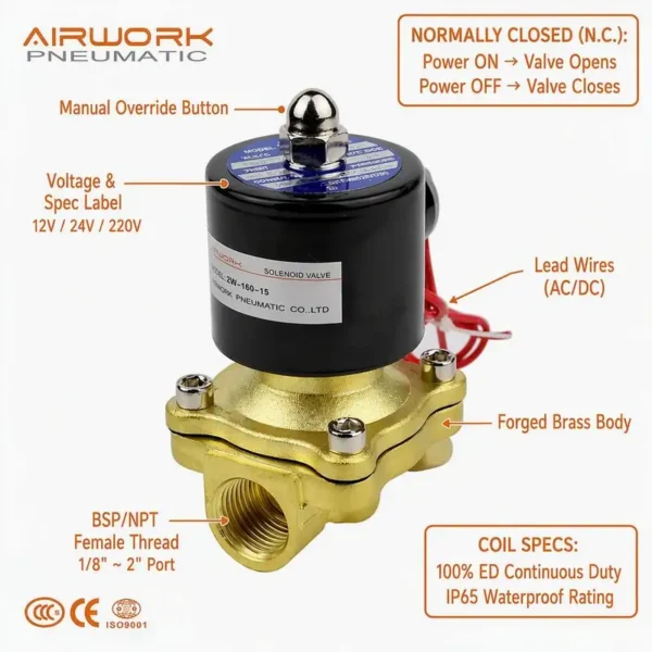 Solenoid Valve, 2W, Brass, 12V, 24V