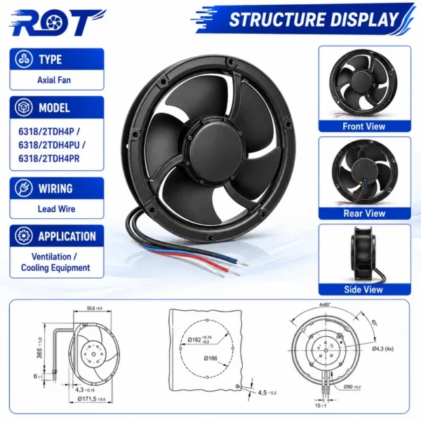 Speed Axial Cooling Fan, 6318/2TDH4P, 48V, 172mm, 559CFM - view 2