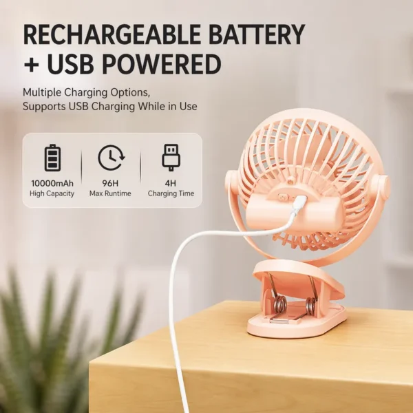 Usb Rechargeable Desk Fan, Portable, 1200mAh, 2400mAh - view 2