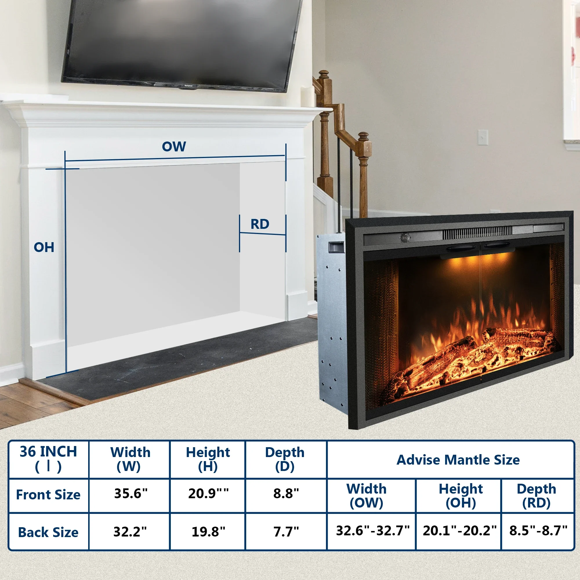 Electric Fireplace, 30-Inch, 750W, Metal+glass - detail 16