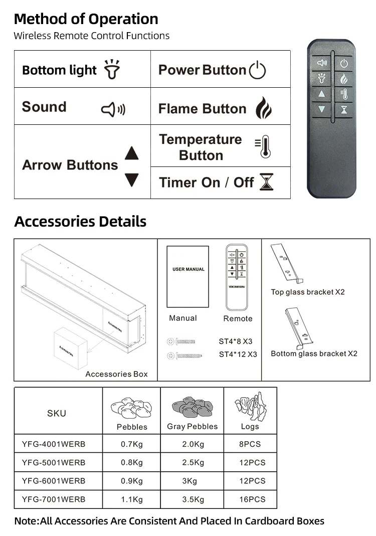Electric Fireplace, YIKA, 900W, Log set+glass panel - detail 18